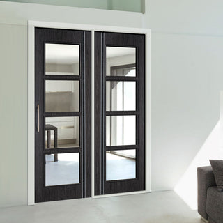 Image: ThruEasi Room Divider - Zanzibar Ash Grey Prefinished Clear Glass Door with Single Side