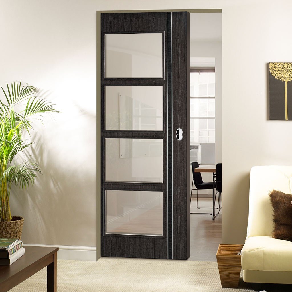 Ash Grey Zanzibar Absolute Evokit Single Pocket Doors - Clear Glass - Prefinished
