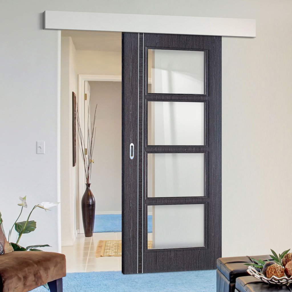 Single Sliding Door & Wall Track - Zanzibar Ash Grey Door - Clear Glass - Prefinished