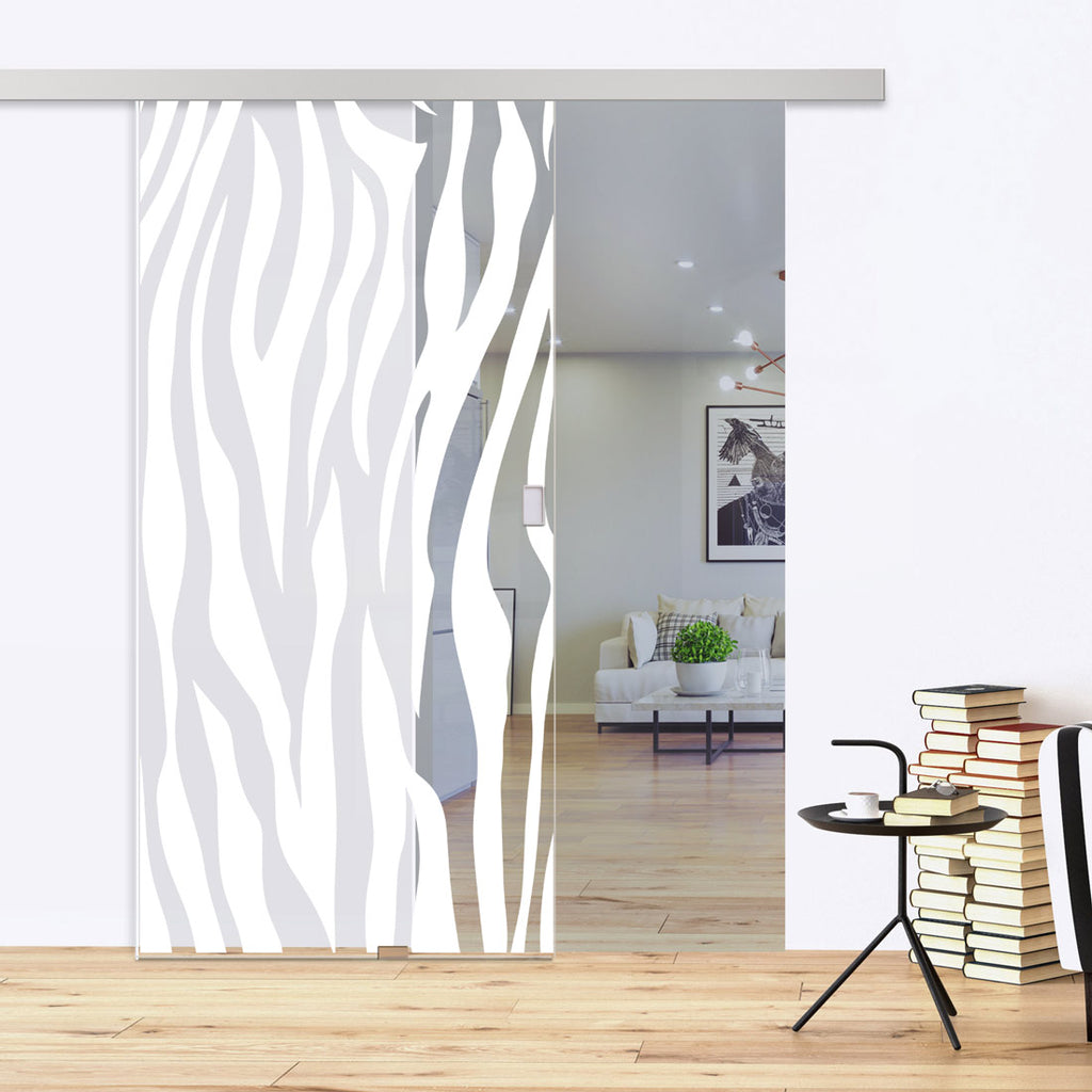 Single Glass Sliding Door - Zebra Animal Print 8mm Clear Glass - Obscure Printed Design with Elegant Track