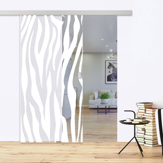 Image: Single Glass Sliding Door - Zebra Animal Print 8mm Clear Glass - Obscure Printed Design with Elegant Track