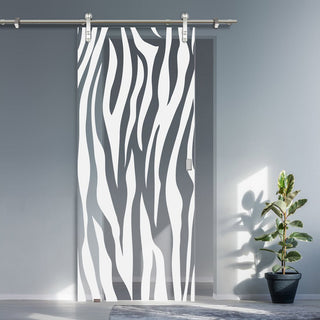 Image: Single Glass Sliding Door - Solaris Tubular Stainless Steel Sliding Track & Zebra Animal Print 8mm Clear Glass - Obscure Printed Design