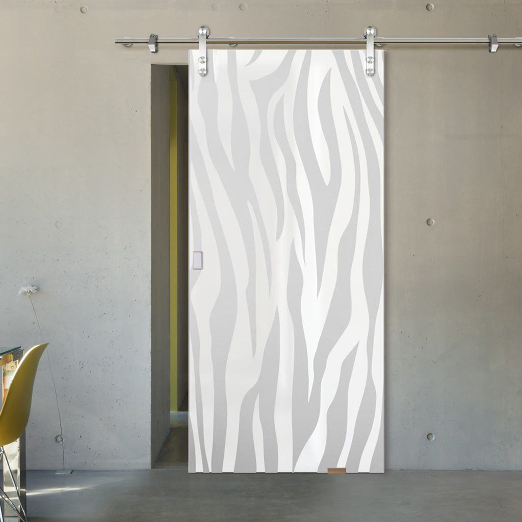 Single Glass Sliding Door - Solaris Tubular Stainless Steel Sliding Track & Zebra Animal Print 8mm Obscure Glass - Obscure Printed Design