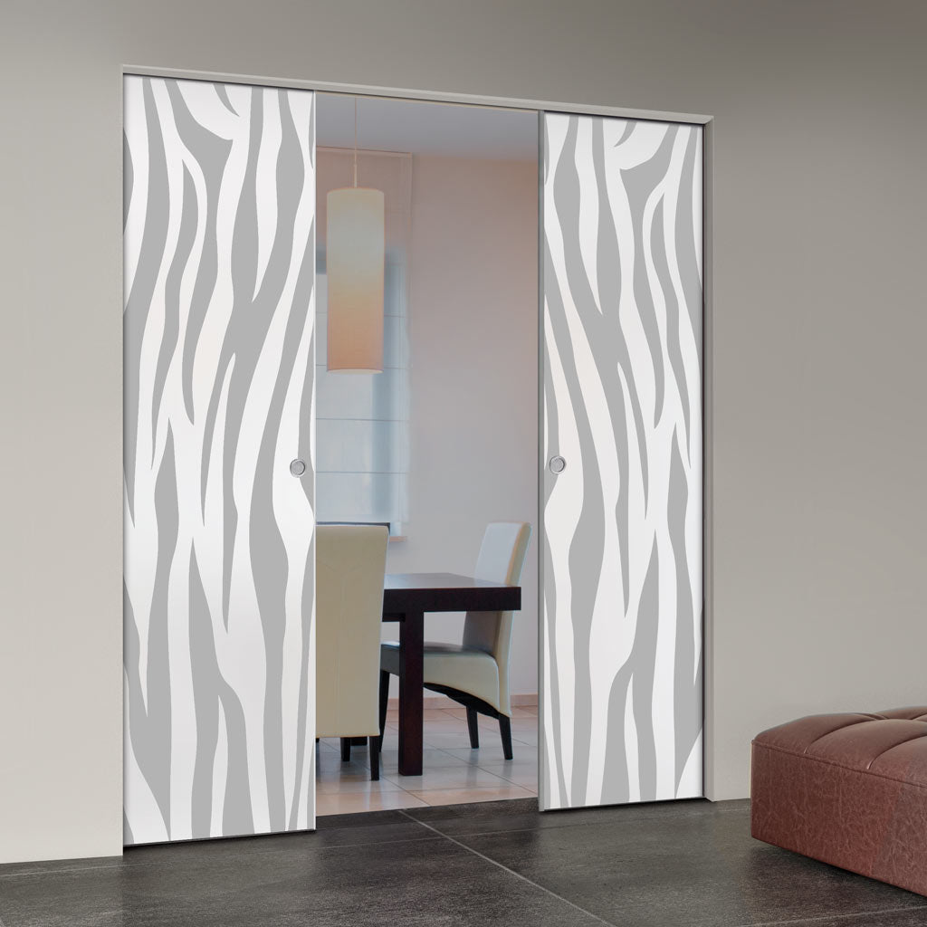Zebra Animal Print 8mm Obscure Glass - Obscure Printed Design - Double Absolute Pocket Door