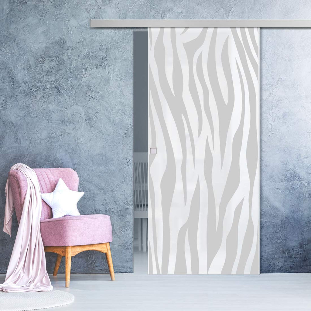 Single Glass Sliding Door - Zebra Animal Print 8mm Obscure Glass - Obscure Printed Design with Elegant Track