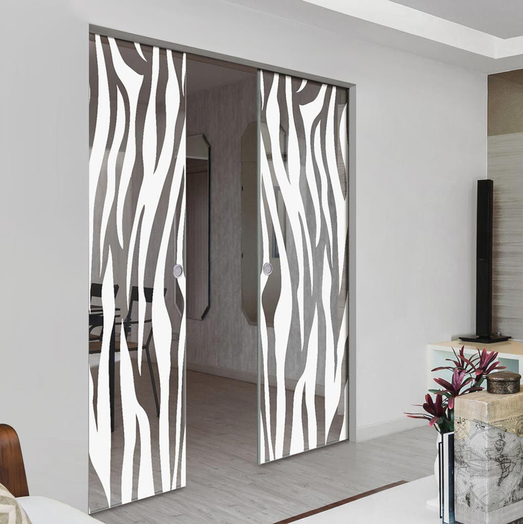 Zebra Animal Print 8mm Clear Glass - Obscure Printed Design - Double Absolute Pocket Door