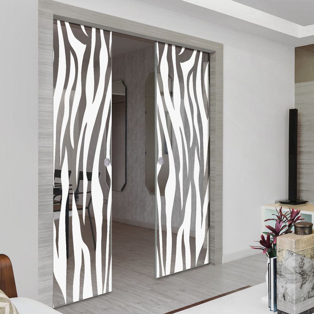 Zebra Animal Print 8mm Clear Glass - Obscure Printed Design - Double Evokit Glass Pocket Door