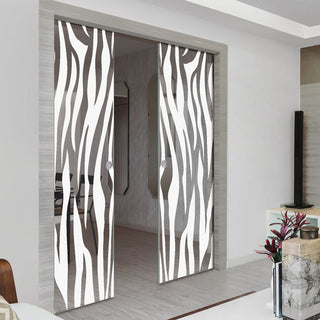 Image: Zebra Animal Print 8mm Clear Glass - Obscure Printed Design - Double Evokit Glass Pocket Door