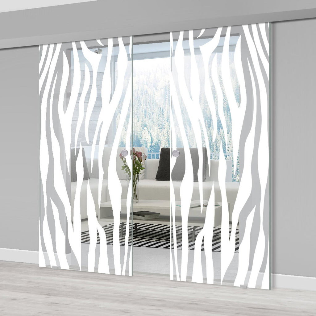 Double Glass Sliding Door - Zebra Animal Print 8mm Clear Glass - Obscure Printed Design with Elegant Track