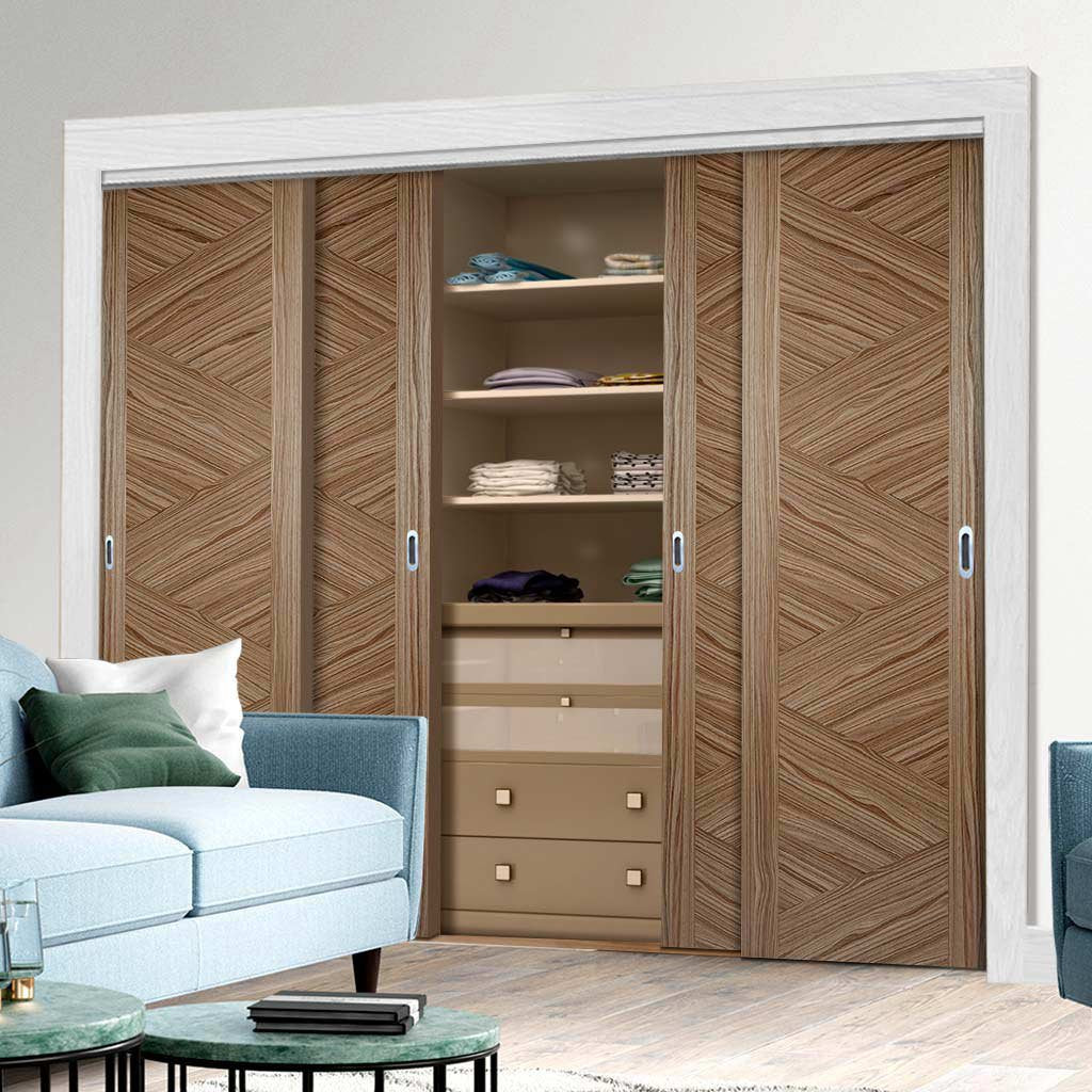 Bespoke Zeus Walnut Flush Door - 4 Door Wardrobe and Frame Kit - Prefinished