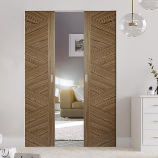 Image: Bespoke Zeus Walnut Flush Double Frameless Pocket Door - Prefinished