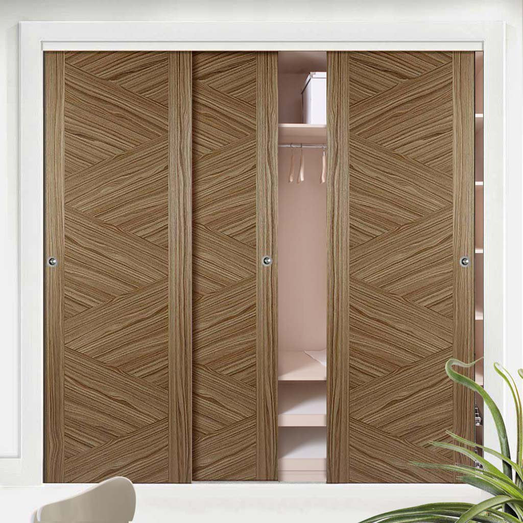 Bespoke Zeus Walnut Flush Door - 3 Door Wardrobe and Frame Kit - Prefinished