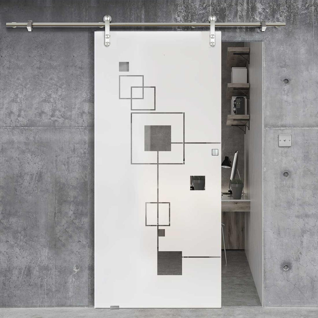 Single Glass Sliding Door - Solaris Tubular Stainless Steel Sliding Track & Geometric Zoom 8mm Obscure Glass - Clear Printed Design