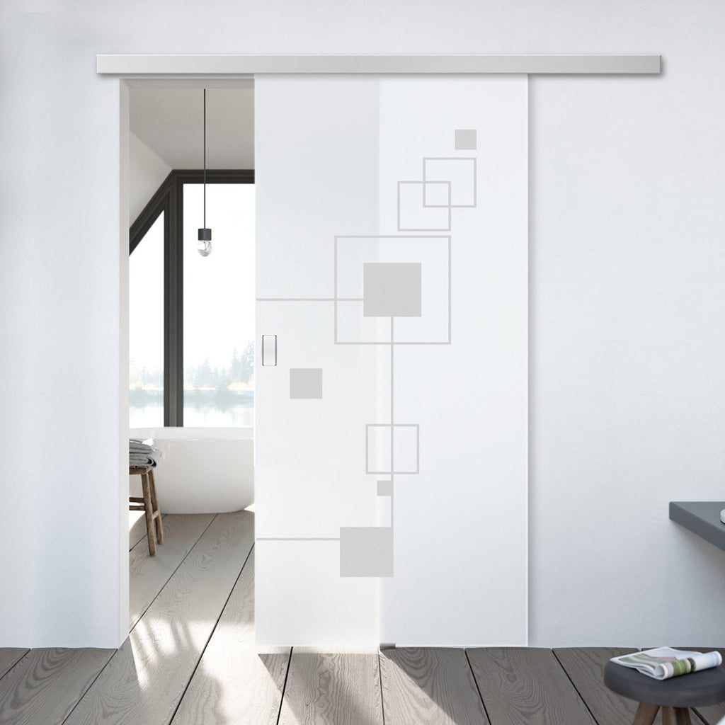 Single Glass Sliding Door - Geometric Zoom 8mm Obscure Glass - Obscure Printed Design with Elegant Track