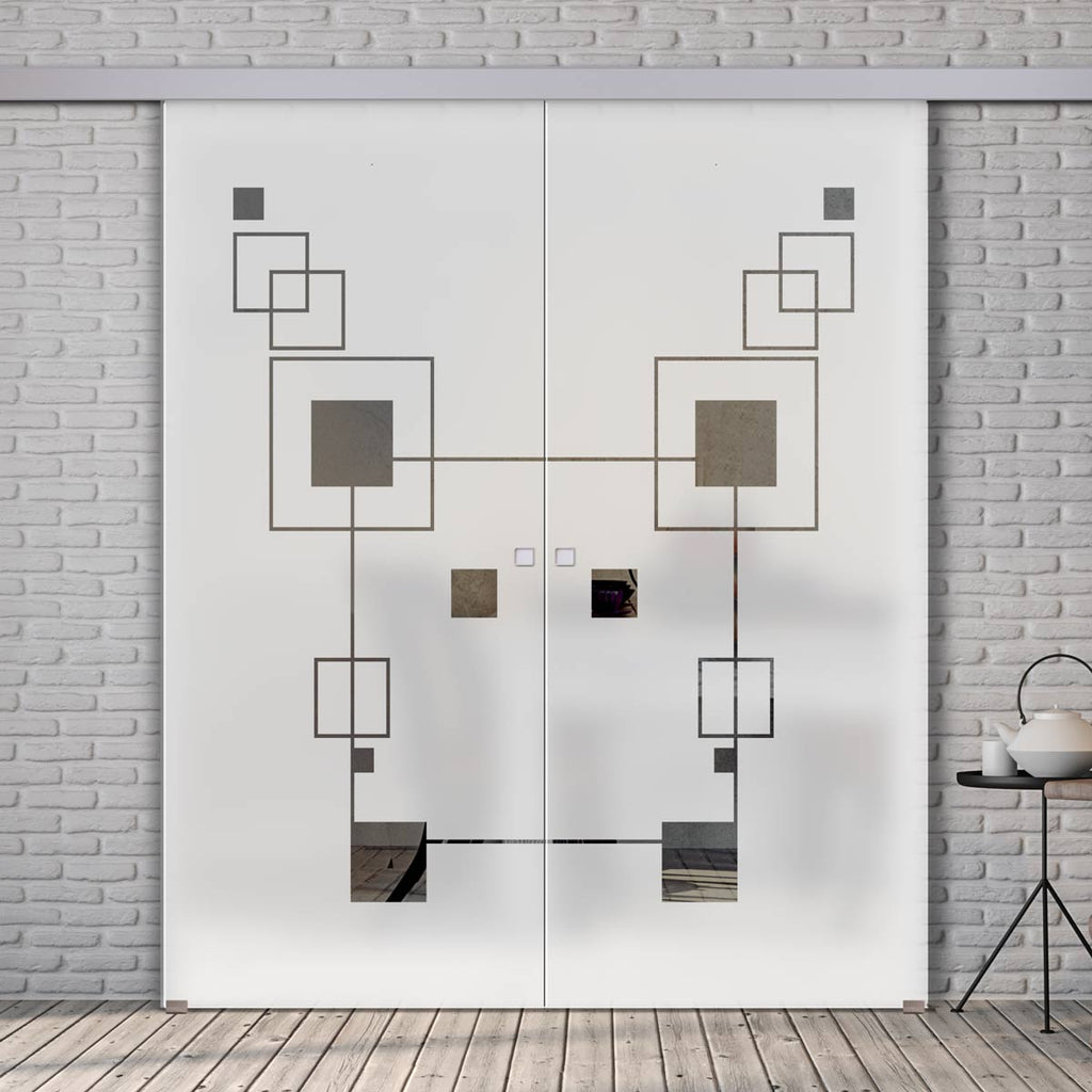 Double Glass Sliding Door - Geometric Zoom 8mm Obscure Glass - Clear Printed Design with Elegant Track