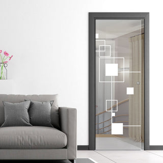 Image: Geometric Zoom 8mm Clear Glass - Obscure Printed Design - Single Evokit Glass Pocket Door