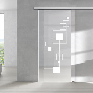Image: Single Glass Sliding Door - Geometric Zoom 8mm Clear Glass - Obscure Printed Design with Elegant Track