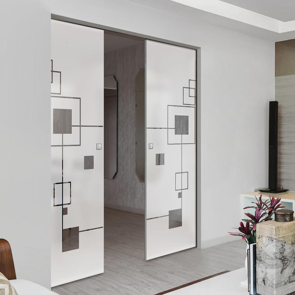Geometric Zoom 8mm Obscure Glass - Clear Printed Design - Double Absolute Pocket Door