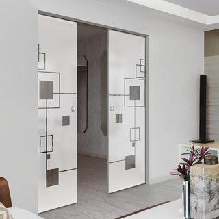 Image: Geometric Zoom 8mm Obscure Glass - Clear Printed Design - Double Absolute Pocket Door