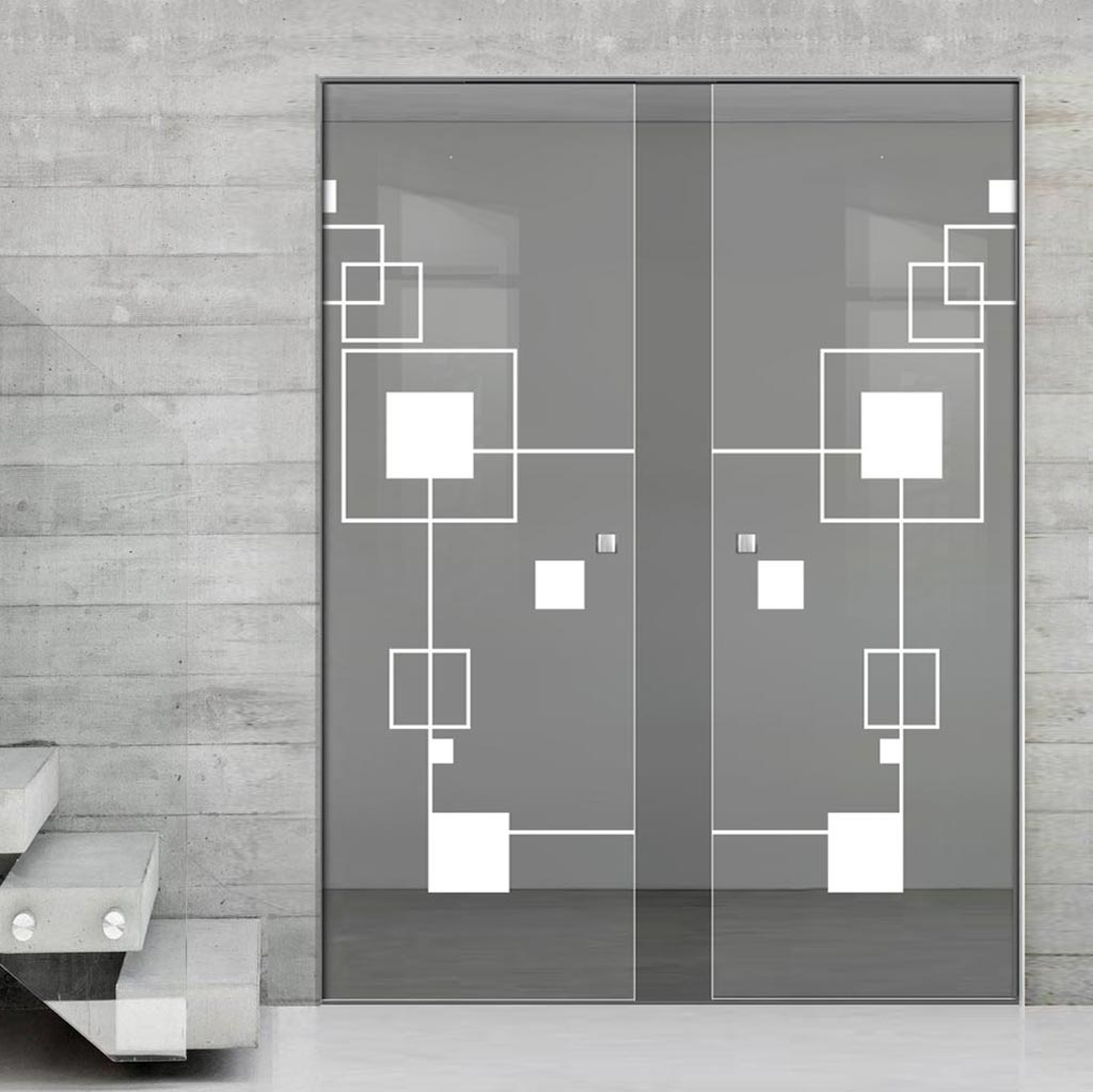 Geometric Zoom 8mm Clear Glass - Obscure Printed Design - Double Absolute Pocket Door