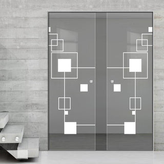 Image: Geometric Zoom 8mm Clear Glass - Obscure Printed Design - Double Absolute Pocket Door